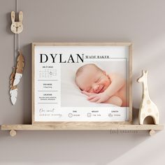 a baby's birth announcement is displayed on a shelf next to a toy giraffe