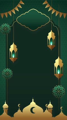 an islamic background with hanging lanterns and lights in the shape of a mosque on a dark green background