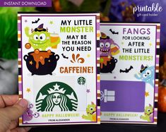 two handmade halloween cards, one with monsters and the other with words that read my little monster may be the reason you need cafine