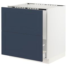 a white and blue cabinet with two doors on each side, one door open to reveal the bottom drawer