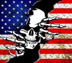 an american flag with a skull and hands coming out from the background, as if it were torn in half