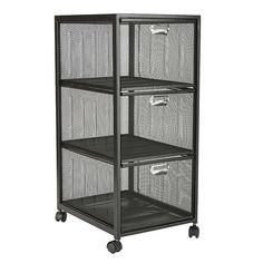 three tiered metal storage unit with mesh baskets on the bottom and wheels, black