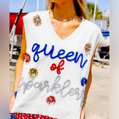 Qos Queen If Sparklers Sweater Size Xl.. Bought For Myself But Never Wore And Needing To Downsize. Perfect Condition! Homecoming Suits, Blue Fireworks, Queen Of Sparkles, Suit Hat, American Flag Sweater, Sparkle Sweater, Sparkle Top, Active Tank Tops, Life Of The Party