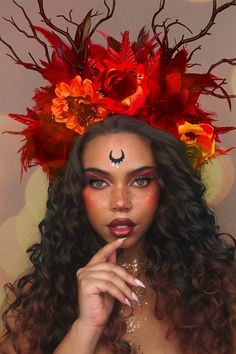 Fire Fairy Costume, Fire Headpiece, Make Up Essence, Persephone Costume, Fairy Fire, Halloween Backgrounds Wallpapers, Goddess Headdress, Fire Crown, Fire Costume