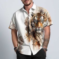 Category:Shirt; Season:Summer,All Seasons; Fabric:4-Way Stretch Fabric; Sleeve Length:Short Sleeve; Look After Me:Machine wash,Hand wash,Washable; Gender:Men's; Style:Fashion,Hawaiian; Occasion:Outdoor,Beach; Fit Type:Relaxed Fit; Pattern:Tiger,Ink Painting,Graphic; Design:3D Print,Button Up; Brand:OUKU; Front page:FF; Listing Date:01/04/2024; Bust:; Length:; Shoulder Width:; Fit US Size:; Fit UK Size:; Fit EU Size:; Quantity:1pc; Sleeve Length: Art Tigre, Fabric Paint Shirt, Tuxedo Shirt Men, Painted Shorts, Streetwear Spring, Womens Basic Tops, Mens Outdoor Clothing, Mens Printed Shirts, Mens Outdoor Jackets