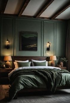 a large bed in a bedroom with green walls