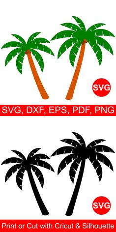 two palm trees with red and green trimmings are shown in the same font