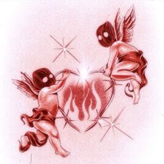 two cherubs in the shape of a heart with fire and stars around them