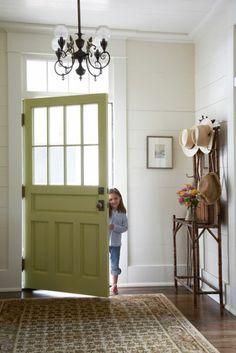 green front door, entryway Front Door Colors Interior, Accent Hallway, Mudroom Door, Entry Door Colors, Huge Door, Entryway Stairs, Baseboard Moulding, Historical Concepts, Door Lights