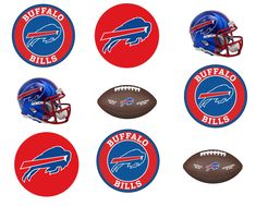 six buffalo bills footballs and helmets on red, white, and blue stickers