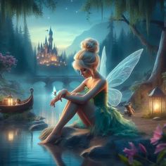 a fairy sitting on top of a rock next to a lake