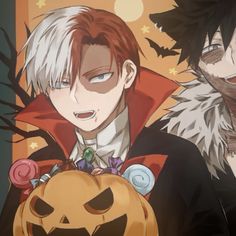 two anime characters are standing next to each other with pumpkins in front of them