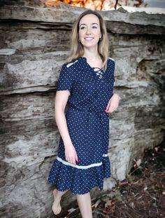 "Lovely linen dress in Polka dot.  DETAILS: -100% linen fabric (softened, 185-205g/m2).  -       White lace. Lace pattern may differ from photos.  -Short sleeves -       Cross front strap -       With belt -       Frill hem  -CUSTOM ORDERS AVAILABLE. We can add length to a garment or make it shorter. We can add 15 cm / 6 in at no charge. Just contact us! COLOR OPTIONS: - You can choose available colors in the drop down menu above. Lace color is white. - Colors might vary depending on computer monitor settings and lightening. SIZING: - Please, refer to your body measurements (before purchasing) in our size chart as the picture of this listing.  🛑 SIZE CHART IS THE BODY MEASUREMENTS. - Questions about the fit? Contact us! - Model wearing size L, navy blue color. Height 5'7\"  I highly recom Librarian Chic Outfits, Dress Midi Casual, Navy Blue Polka Dot Dress, Summer Dress Linen, Linen Dresses For Women, Librarian Chic, Linen Sundress, Blue Polka Dot Dress, Linen Shift Dress