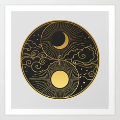 an art print with the sun and moon on it's face in black and gold