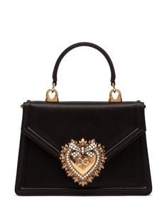 black silk satin signature Sacred Heart plaque single rounded top handle front flap closure detachable chain-link shoulder strap magnetic fastening internal slip pocket This piece comes complete with a protective dust bag. Valentino Garavani Bag, Stefano Gabbana, Saint Laurent Shoes, Personalized Accessories, Dolce & Gabbana, Black Tote Bag, Leather Top, Mini Bag, Top Handle