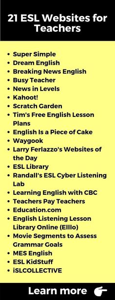 an image of a poster with the words, 21 esl web sites for teachers