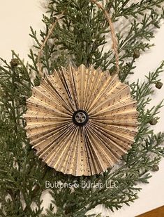 an ornament is hanging on the wall next to a pine branch with needles