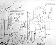 a drawing of three people standing in front of a ice cream truck with the word ice cream written on it