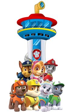 the paw patrol characters are standing in front of a tall tower