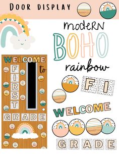 the door display is decorated with rainbows, clouds, and welcome signs for children to use