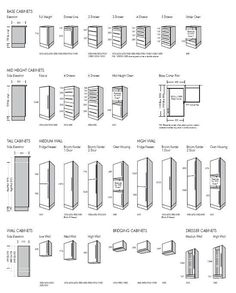 various types of refrigerators and cabinets with measurements for each door, side by side