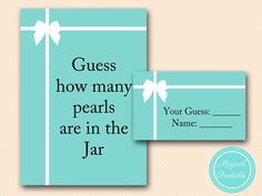 two blue cards with white bows and the words guess how many pearls are in the jar