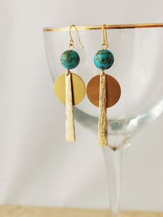 Turquoise and gold statement earrings. Long gold and green earrings. Big earrings. Long stylish earrings. On hypoallergenic nickel free hooks Modern Turquoise Nickel-free Earrings, Modern Turquoise Dangle Earrings, Turquoise Dangle Brass Earrings, Turquoise Dangle Earrings In Brass, Turquoise Brass Drop Earrings, Turquoise Statement Earrings, Stick Earrings, Earrings Big, Stylish Earrings