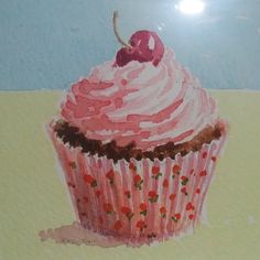 a painting of a cupcake with pink frosting and a cherries on top