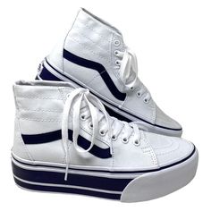 Vans Sk8-Hi Tapered Sport Platform Shoes White Navy Canvas Women's Vn0a5jmknwd Brand New With Box No Lid. 100% Authentic! The Sport Stripes Sk8-Hi Tapered Stackform Refreshes Our Deconstructed High Top Silhouette With An Even Chunkier Take On The Platform Aesthetic. Constructed With A 34 Mm Sidewall Height, This Platform Shoe Elevates A Legendary Favorite While Bringing A New “Off The Wall” Style To Your Look. Along With Sturdy Canvas Uppers And Retro Athletic Stripes At The Sidewalls, The Sk8-H Vans Platform Sneakers For Summer, White Lace-up Vans Platform Sneakers, Vans White Platform Sneakers With Vulcanized Sole, White Vans Platform Sneakers With Vulcanized Sole, Platform Aesthetic, Platforms Aesthetic, Vans Authentic Platform, Platform Shoes White, Vans Shoes Women