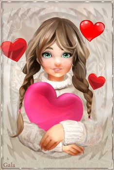 a painting of a girl holding a heart in her hands with hearts around her neck