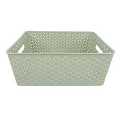 a green plastic basket with holes on the sides and handles, in front of a white background