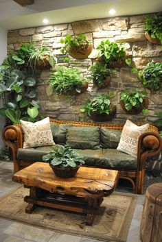 a living room filled with furniture and lots of plants