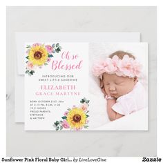 Sunflower Pink Floral Baby Girl Birth Announcement February Born, Modern Birth Announcement, Birth Announcement Template, Polka Dot Background, Pink Baby Girl, Floral Photo