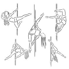 four different acrobatic poses, one is upside down and the other has long legs