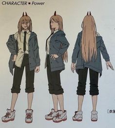 an anime character with long hair standing in three different poses