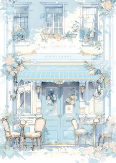 an illustration of a blue and white building with flowers on the front door, tables and chairs