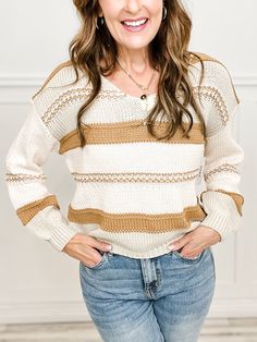 Wrap yourself in comfort and style with our Multi Color Long Sleeve Striped Scoop Neck Sweater. Made with soft, high-quality fabric, this sweater features a flattering scoop neck and vibrant striped design. Perfect for adding a pop of color to any outfit and staying cozy all day long. Fabric- 60% Cotton, 40% Acrylic White Long Sleeve Sweater With Horizontal Stripes, White Knit Sweater With Horizontal Stripes, Knit Sweater With Horizontal Stripes For Layering, Striped Sweater For Everyday In Fall, Scoop Neck Sweater, Stripes Design, Neck Sweater, Quality Fabric, Color Pop