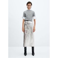 Metallic, Medium waist, Midi design, PU, Straight design, Front closure, Loops, Without inner lining, Five pockets, Hook and zip fastening, Inner lining, Party and events collection Metallic Midi Skirt, Skirt Outfits Aesthetic, Silver Skirt, Oversized Wool Coat, Printed Long Skirt, Flowy Maxi Skirts, Leather Boots Heels, Tweed Skirt, Satin Skirt