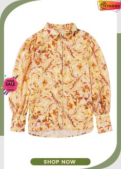 Yellow Floral Chic Bishop Sleeve Blouse Spring Floral Print Collared Blouse, Spring Floral Print Blouse With Collar, Spring Shirt With Blouson Sleeves, Spring Shirt With Blouson Sleeves And Long Sleeves, Spring Collared Shirt With Blouson Sleeves, Chic Floral Print Blouse With Collar, Spring Collared Blouse With Blouson Sleeves, Spring Printed Blouse With Collar, Spring Floral Print Collared Tops