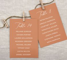 "Terracotta Wedding Seating Chart Cards, Reception Seating Cards, DIY Seating Display, 5x7 Printed Table Lists Each 5\" x 7\" printed table list is printed on the card stock color of your choice, choose from over 14 on-trend wedding colors! Colors are shown in the drop down box while checking out. String and clothes pins are not included with your purchase. HOW TO ORDER PRINTED WEDDING TABLE SEATING CHART CARDS TO PLACE YOUR ORDER: * Pick your quantity from the drop down menu and add to cart * Choose the card stock color you want your table lists to be printed on * Leave the font choice in the personalization box * After placing your order, please e-mail your spreadsheet of table names and guests names to hello [at] sidestreetdesigns.com. Your spreadsheet will need two columns. Please use Seating Chart Cards, Wedding Table Seating Chart, Wedding Seating Cards, Diy Seating, Table Seating Chart, Wedding Table Seating, Table Assignments, Terracotta Wedding, Reception Seating