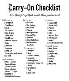 a checklist with the words carry - on checklist for the forgetful and the paniced