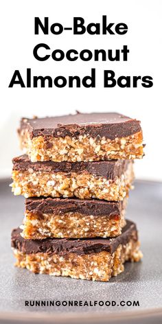 no - bake coconut almond bars stacked on top of each other with text overlay