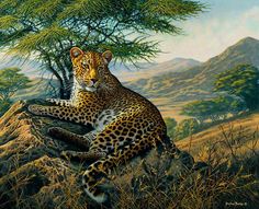 a painting of a leopard resting on a rock in the wilderness with trees and mountains in the background