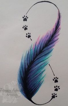 a drawing of a feather with paw prints on it and a dog's paw print