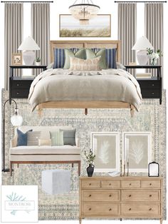 the bedroom is decorated in neutral colors and features blue, white, and green accents