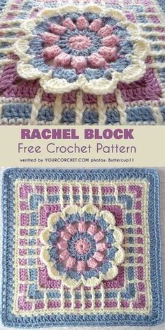 the crocheted afghan is shown in two different colors and has a flower motif on it