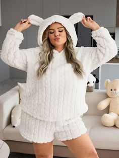 Plus Size Women's Hooded Fuzzy Long Sleeve Sleepwear Set With Shorts, Cozy Homewear Suit White Cute  Long Sleeve Knitted Fabric Plain  Slight Stretch Fall/Winter Women Plus Sleep and Lounge, size features are:Bust: ,Length: ,Sleeve Length: