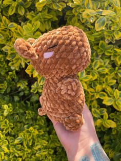 a hand holding a small brown teddy bear in front of some green bushes and shrubbery