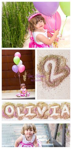 a collage of photos with balloons and the words overlayed in gold glitter