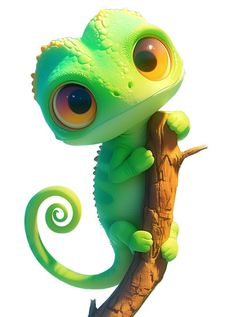 a green chamelon sitting on top of a tree branch with its eyes wide open